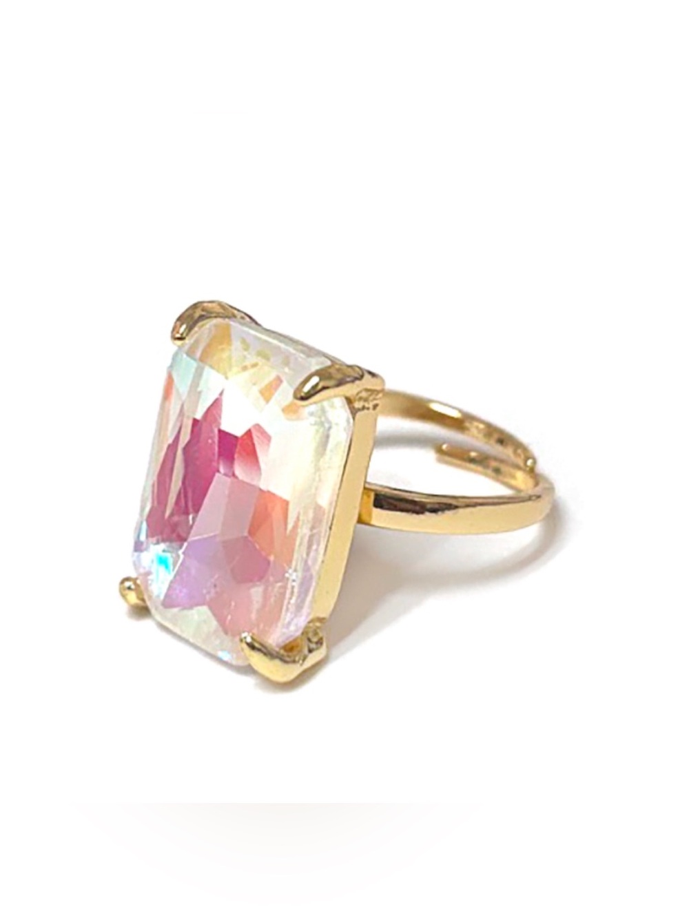 AB Adjustable Brass Rectangle Glass Stone Mirror Gold Ring